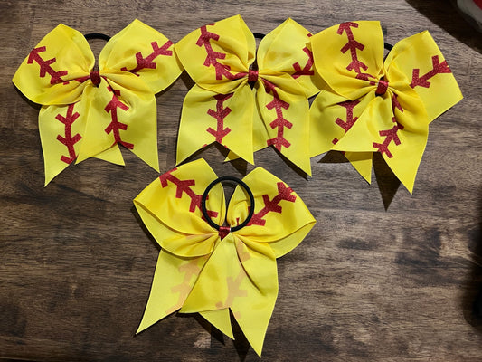 Yellow Softball Ponytail Bow 7 Inches